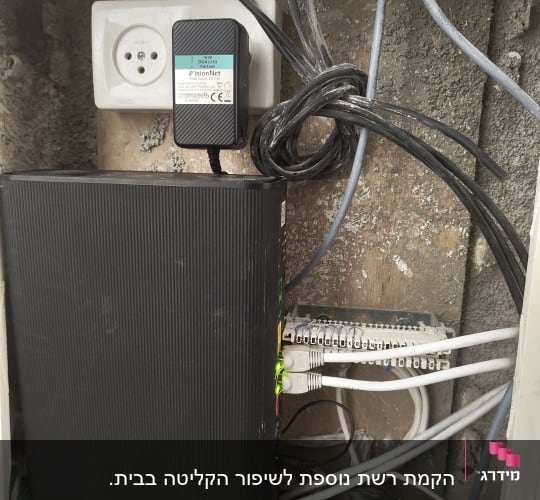 ארון תקשורת עם כבלים ומכשור רשת